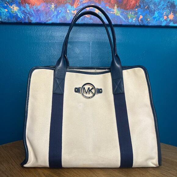 Michael Kors Canvas Leather Trimmed Large Tote Travel Bag Ivory Navy Blue - Picture 1 of 16